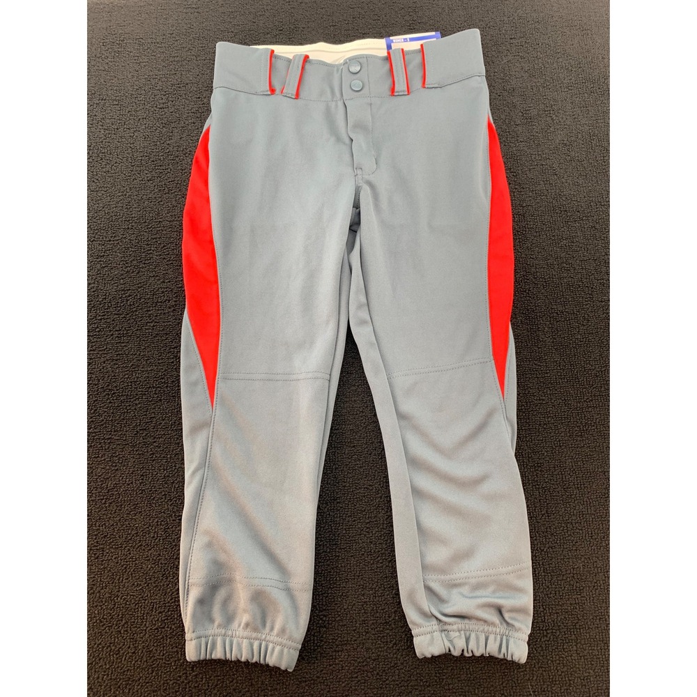 CHAMP PRO Softball Baseball Pants Girls Youth S Grey Red Side Stripe Elastic Hem